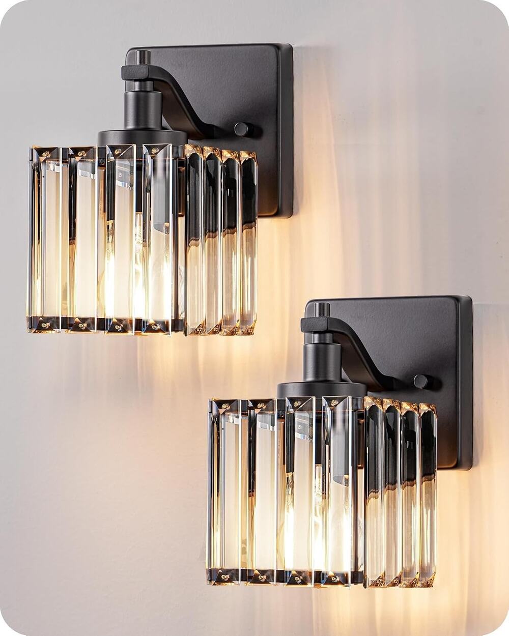 2-Pack Modern Black Crystal Wall Sconces Hardwired Bathroom Vanity Lights